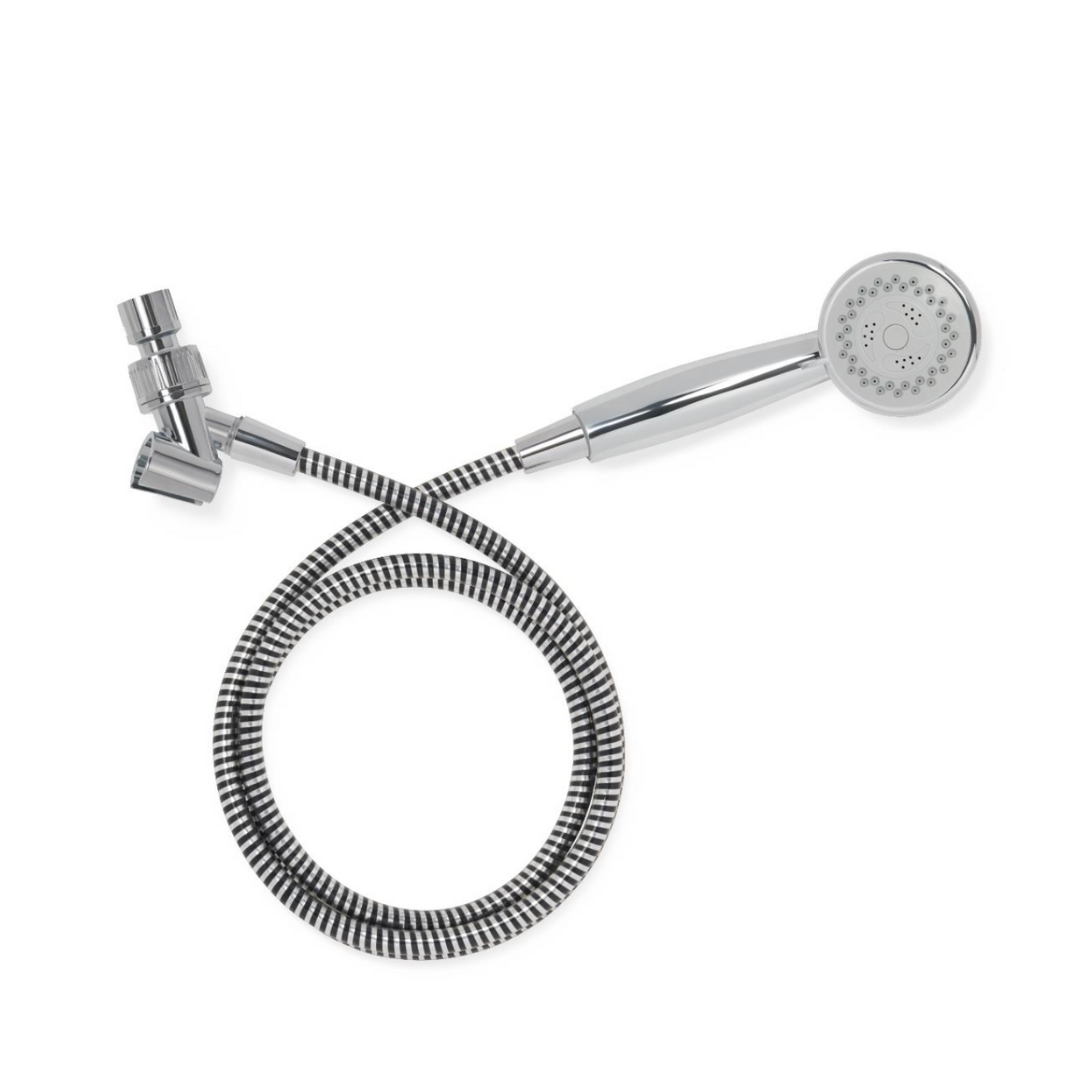 The Medline Deluxe Chrome Handheld Showerhead features a modern design, 3 massage functions, small spray nozzles, a coiled extra-long flexible hose, and a wall mount bracket.
